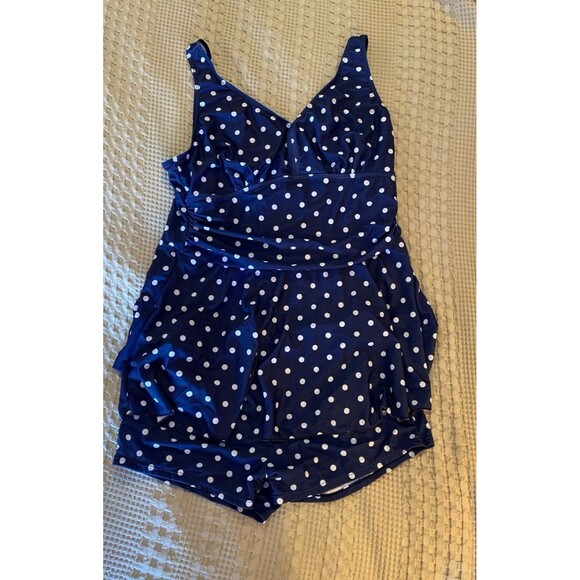 Swimsuit 2 Piece Plus 3X Modest Navy Polka Dot Rouching Separate Short Bottoms - Picture 5 of 12